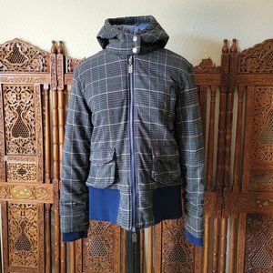 Y2K O'Neill Plaid Blue Gray White Bomber Jacket Hooded Winter Coat